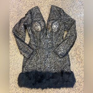 Black Sequin Dress with Fur Hem
